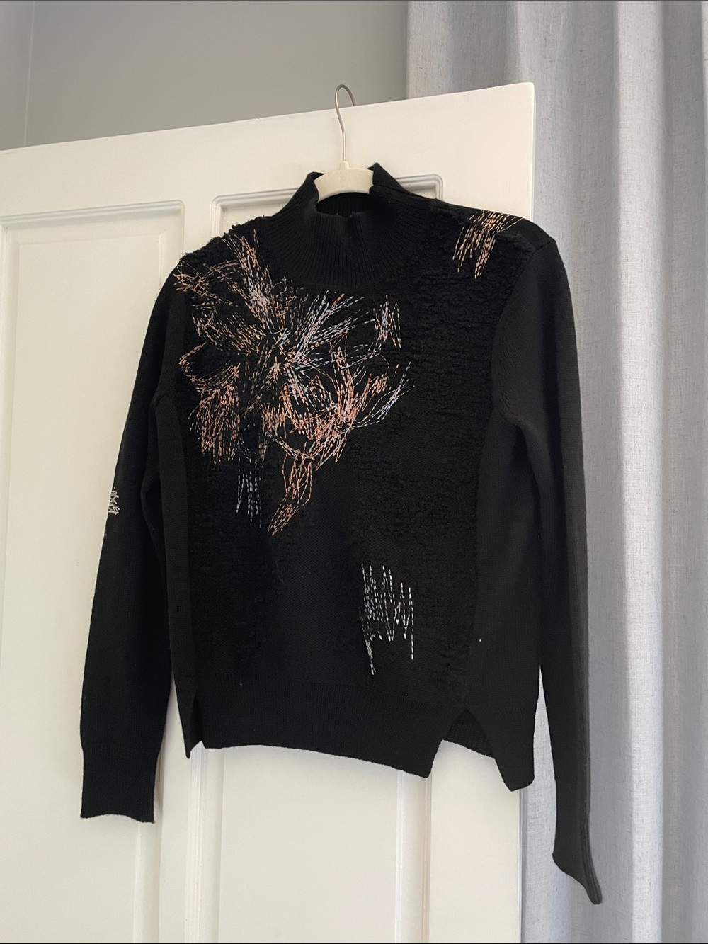 Black Embroidered Texture Knit Sweater Anthropologie